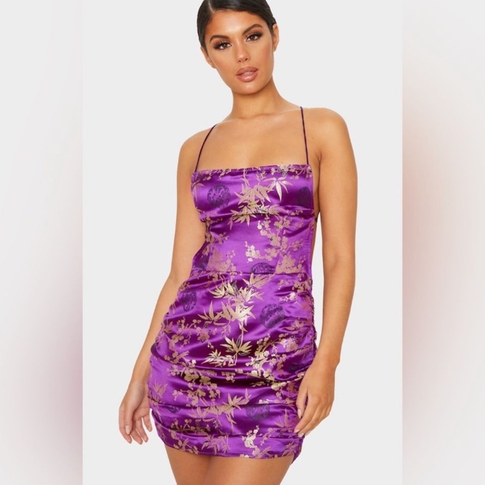 Pretty Little Thing Purple Jacquard Floral Strappy Back Ruched Bodycon Dress